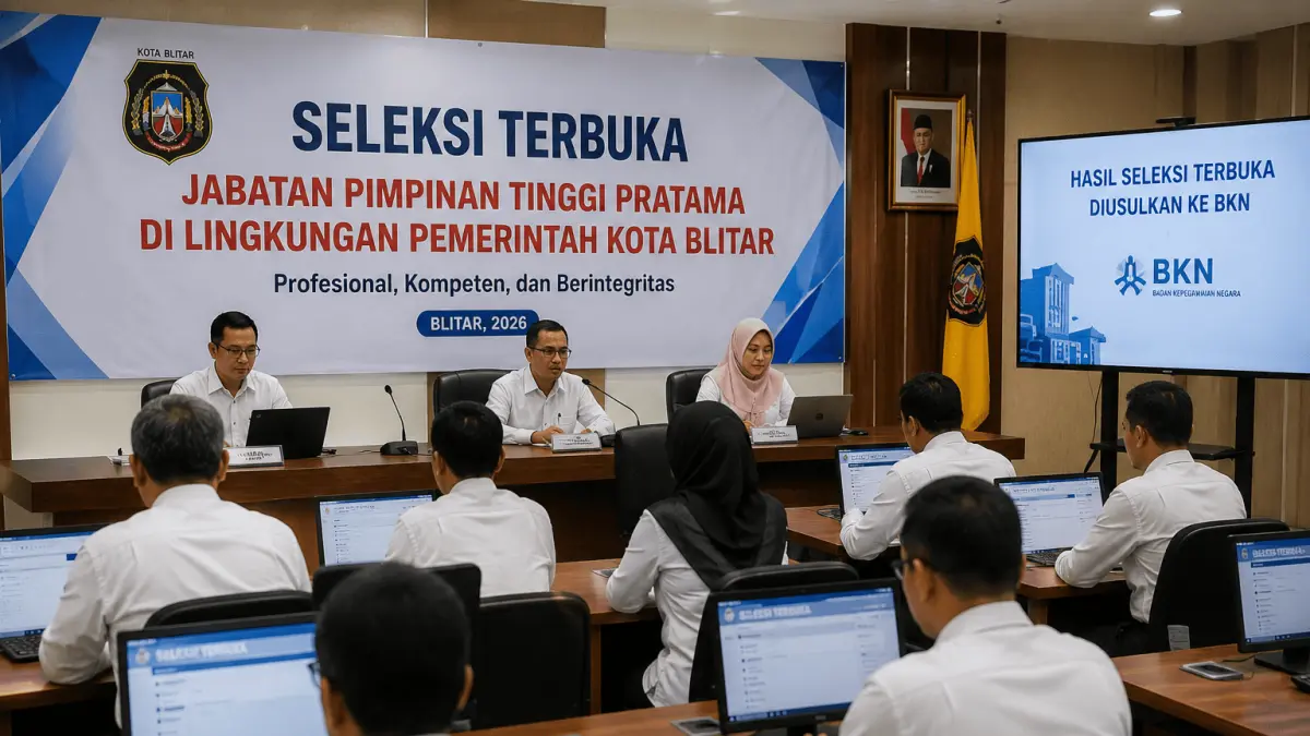Seleksi terbuka enam jabatan pimpinan tinggi pratama Pemkot Blitar rampung. Sebanyak 18 nama kini diusulkan ke BKN sebelum ditetapkan Wali Kota sebagai pejabat definitif. (Foto AI)