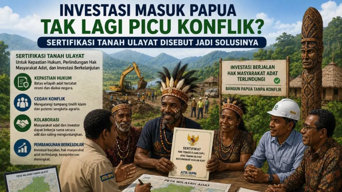 Ilustrasi dialog antara masyarakat hukum adat, pemerintah, dan pemangku kepentingan dalam mendorong investasi yang tetap menghormati hak tanah ulayat. Sertifikasi tanah ulayat melalui HPL diharapkan menjadi dasar kepastian hukum sekaligus mengurangi potensi konflik agraria di Papua.