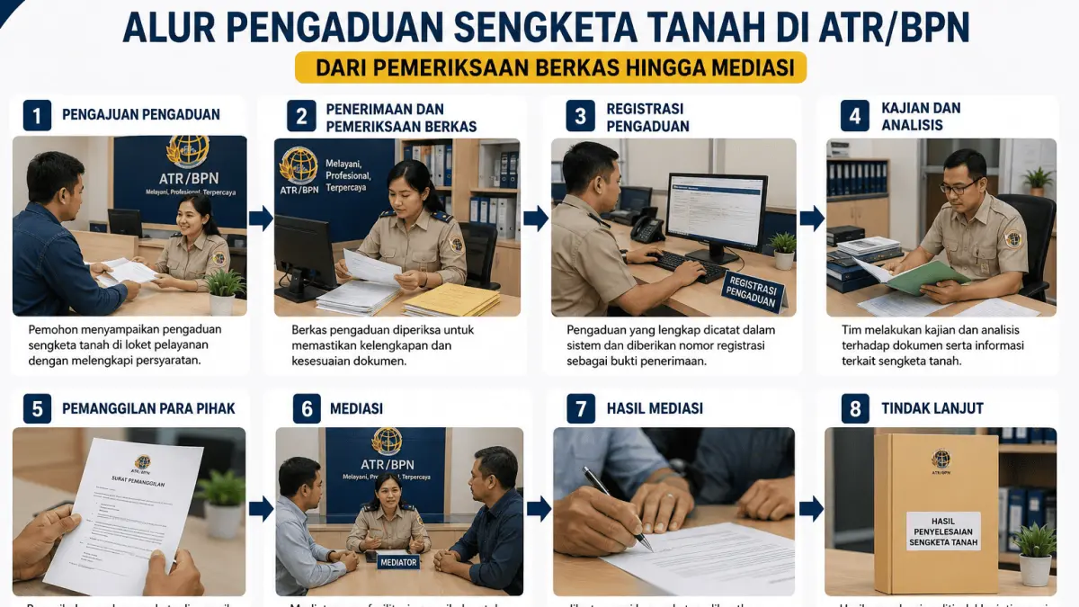 Begini Alur Pengaduan Sengketa Tanah di ATR/BPN, Dari Pemeriksaan Berkas hingga Mediasi.
