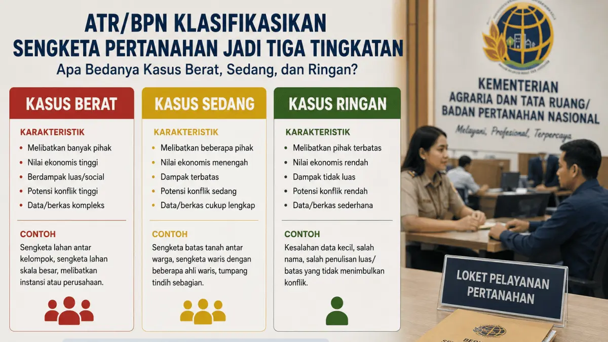 Ilustrasi : klasifikasi sengketa pertanahan di ATR/BPN berdasarkan tingkat kompleksitas, mulai dari kasus ringan, sedang, hingga berat.