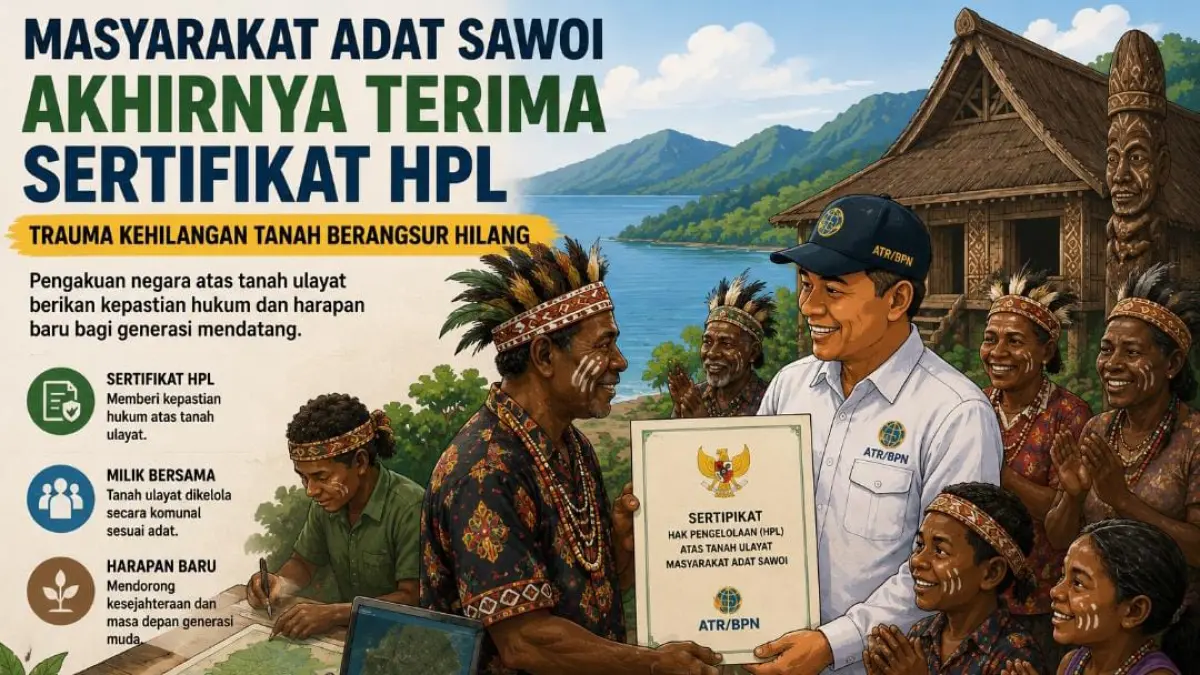 Ilustrasi masyarakat adat Sawoi mengikuti proses pemetaan wilayah adat dan menerima pengakuan hukum melalui sertifikat Hak Pengelolaan (HPL), sebagai upaya memperkuat perlindungan tanah ulayat dan memberikan kepastian hukum bagi generasi mendatang.
