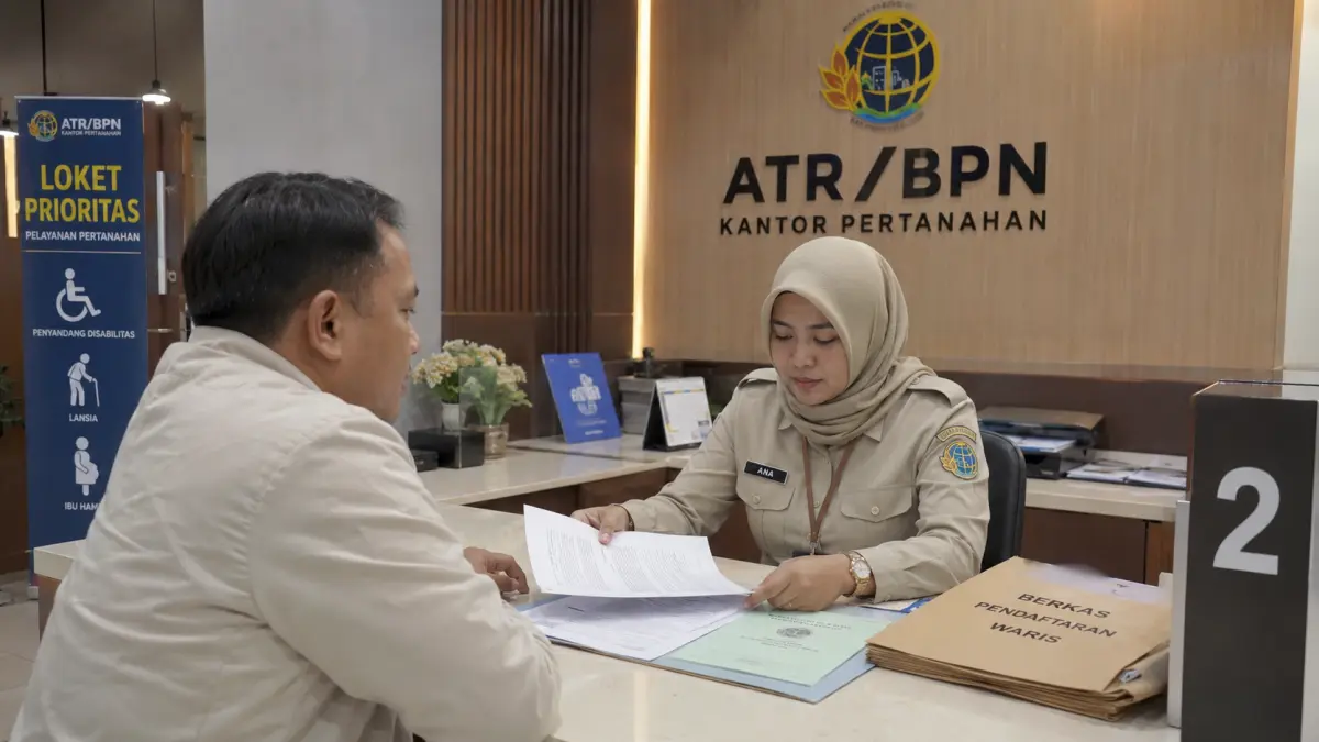 Ilustrasi Petugas Kantor Pertanahan memeriksa kelengkapan dokumen pengurusan sertifikat tanah warisan sebelum proses balik nama dilakukan sesuai ketentuan yang berlaku.
