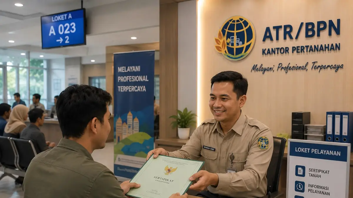 Ilustrasi Petugas Kantor Pertanahan menyerahkan sertifikat tanah warisan yang telah selesai diproses kepada ahli waris setelah seluruh persyaratan dinyatakan lengkap