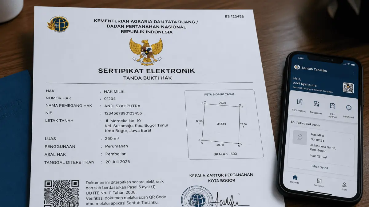 Ilustrasi sertifikat tanah elektronik yang dilengkapi barcode dan tersimpan dalam sistem digital ATR/BPN, memberikan perlindungan data kepemilikan yang lebih aman dan mudah diverifikasi.