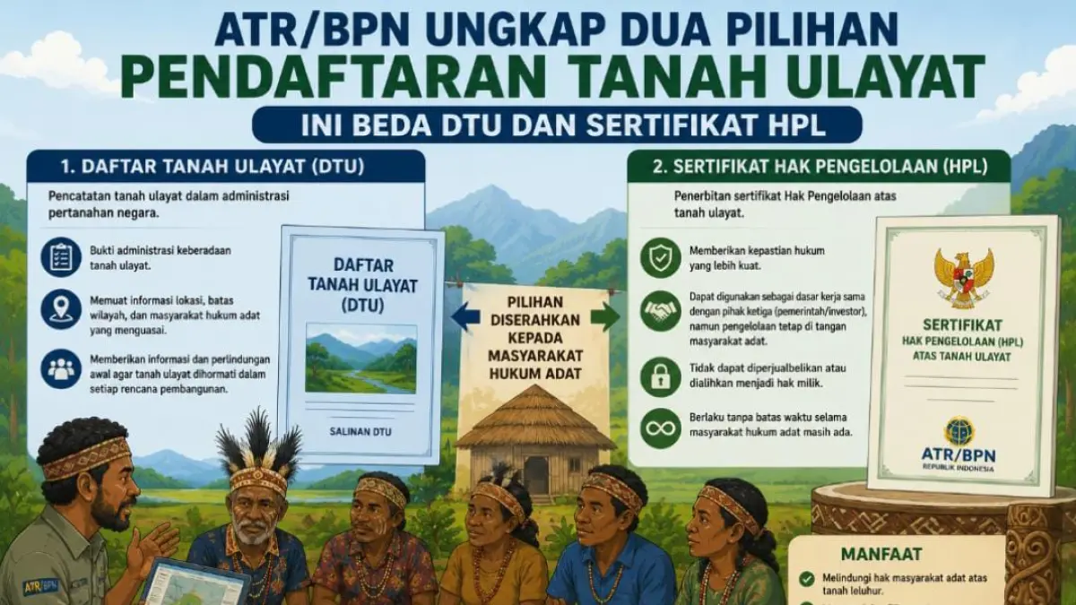 Ilustrasi sosialisasi ATR/BPN kepada masyarakat hukum adat mengenai dua mekanisme pendaftaran tanah ulayat, yakni melalui Daftar Tanah Ulayat (DTU) atau Sertifikat Hak Pengelolaan (HPL), guna memberikan kepastian hukum sesuai kebutuhan masyarakat adat.