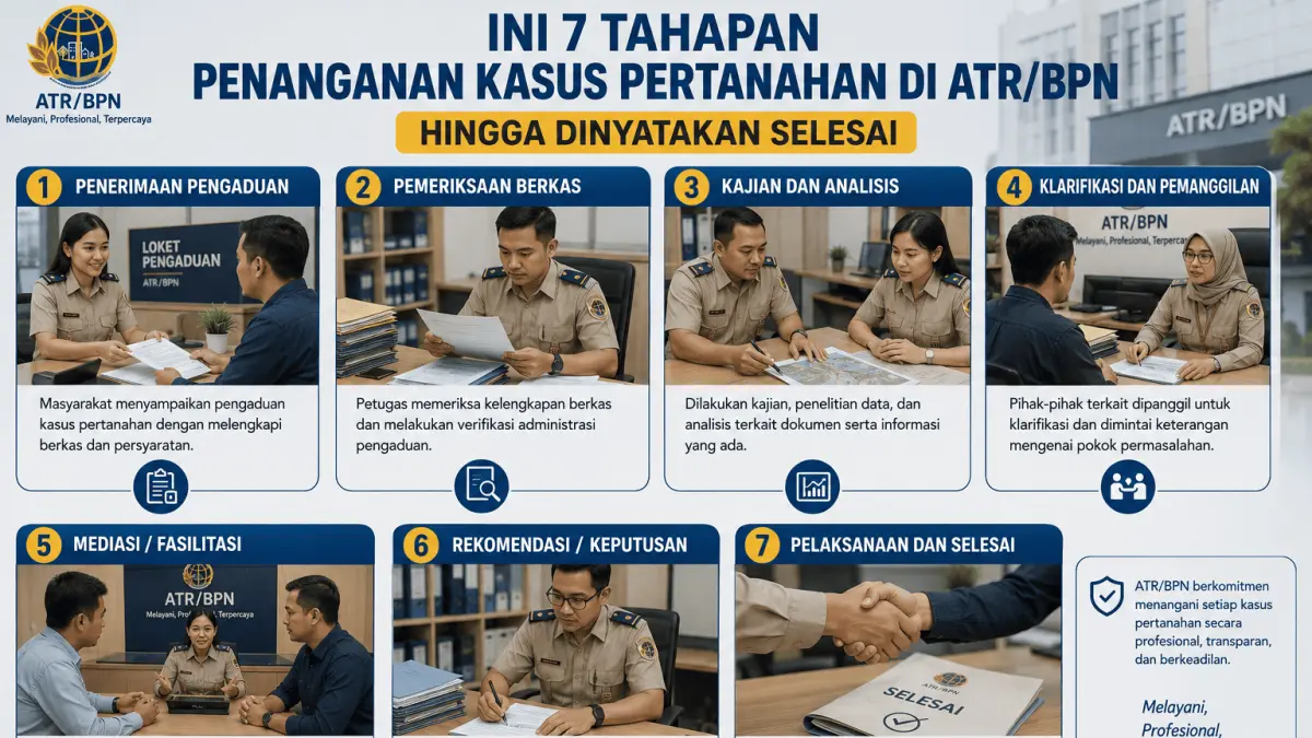 Ilustrasi : tahapan penanganan kasus pertanahan di ATR/BPN, mulai dari penerimaan pengaduan, pemeriksaan berkas, hingga kasus dinyatakan selesai sesuai ketentuan yang berlaku.