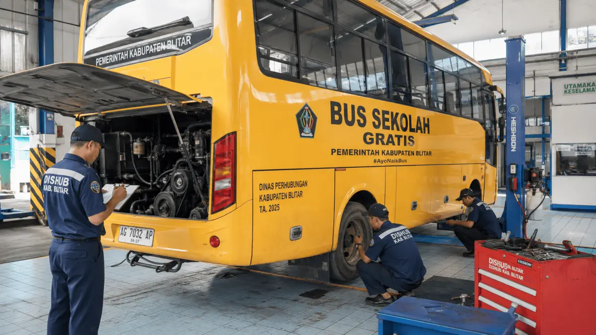Ilustrasi Teknisi Dishub Kabupaten Blitar melakukan pemeriksaan menyeluruh terhadap armada bus sekolah gratis guna memastikan kendaraan tetap aman dan siap beroperasi saat tahun ajaran baru dimulai.