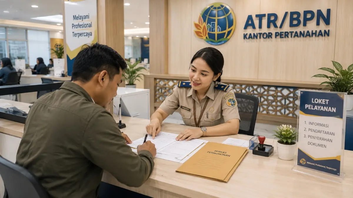 Ilustrasi Warga mengisi formulir permohonan pengurusan sertifikat tanah warisan di kantor pertanahan sebelum proses verifikasi dan balik nama dilakukan.