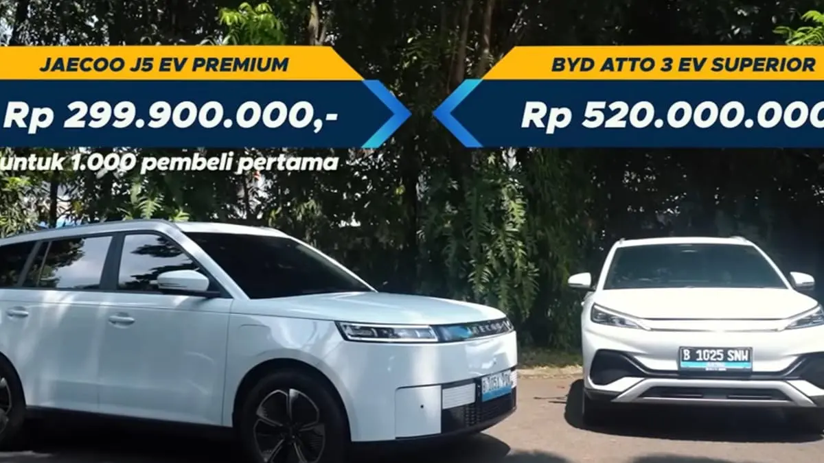 Jaecoo J5 EV vs BYD Atto 3 diuji hingga baterai habis. Hasilnya mengejutkan, Jaecoo J5 EV berhasil mencatat jarak tempuh lebih jauh.(ScYoutube)