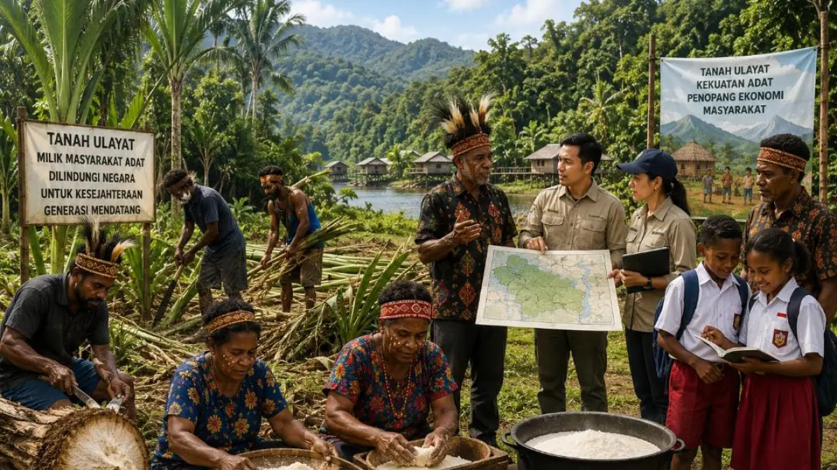 Ilustrasi masyarakat adat Papua mengembangkan potensi ekonomi berbasis tanah ulayat melalui pengelolaan sagu dan kolaborasi dengan pemerintah. Sertifikasi Hak Pengelolaan (HPL) diharapkan menjadi landasan perlindungan hukum sekaligus mendorong kesejahteraan masyarakat adat secara berkelanjutan.