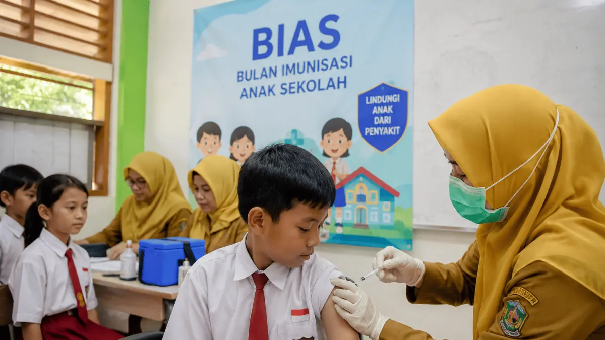Petugas kesehatan memberikan imunisasi kepada siswa SD dalam pelaksanaan Bulan Imunisasi Anak Sekolah (BIAS) 2026 di Kota Blitar sebagai upaya mencegah penyakit yang dapat dicegah dengan imunisasi.
