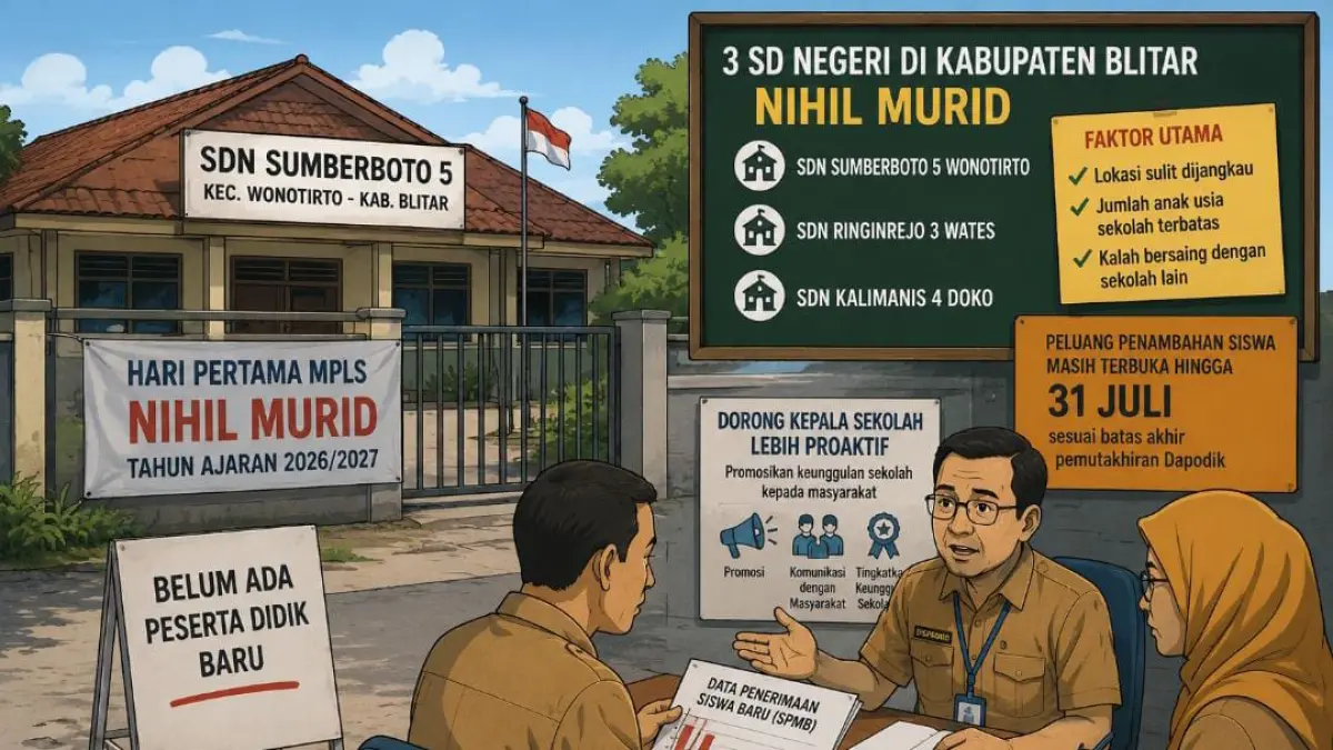 Hari pertama MPLS di salah satu SD Negeri di Kabupaten Blitar. Dispendik Kabupaten Blitar melakukan evaluasi terhadap sekolah yang belum memperoleh peserta didik baru, sekaligus mendorong promosi keunggulan sekolah untuk meningkatkan minat masyarakat pada tahun ajaran 2026/2027.
