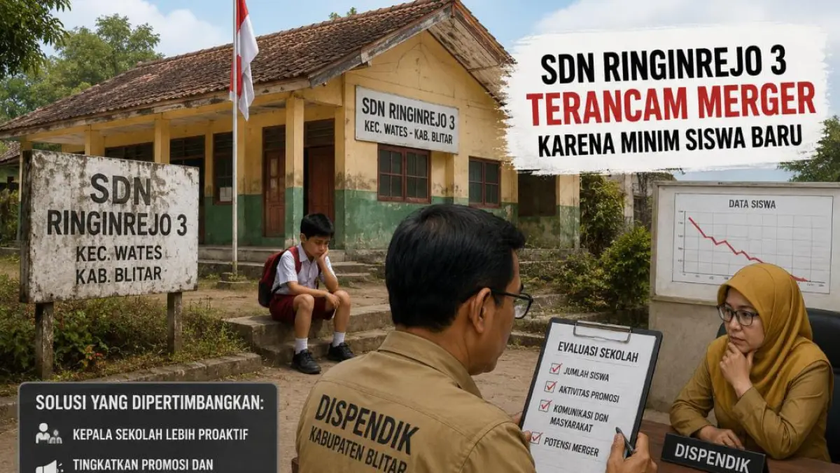 "Suasana SDN Ringinrejo 3 di Kecamatan Wates yang mengalami minim peserta didik baru. Dispendik Kabupaten Blitar mengevaluasi kondisi sekolah dan mempertimbangkan opsi merger apabila jumlah siswa terus menurun."