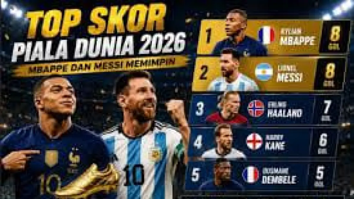 "Lionel Messi (Argentina) dan Kylian Mbappe (Prancis) memimpin daftar top skor sementara Piala Dunia 2026 dengan koleksi delapan gol. Persaingan memperebutkan Sepatu Emas dipastikan berlanjut hingga laga terakhir turnamen."