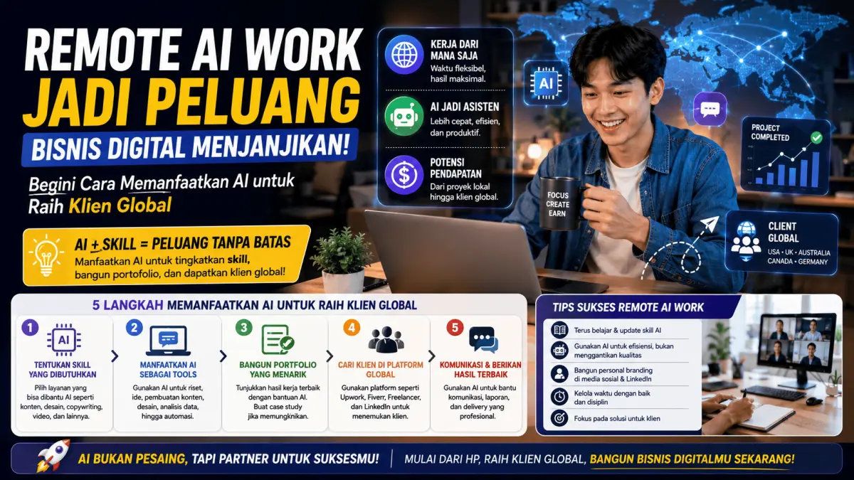 Remote AI Work membuka peluang bisnis digital tanpa batas. Manfaatkan AI, bangun portofolio, dan raih klien global dari mana saja.