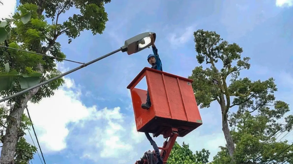 Petugas Dinas Perhubungan (Dishub) Kabupaten Blitar melakukan pemangkasan dahan dan ranting pohon menggunakan truk skylift untuk mencegah gangguan pada jaringan kabel penerangan jalan umum (PJU). Pemeliharaan dilakukan sebagai langkah antisipasi korsleting dan lampu jalan padam, terutama menjelang musim hujan.