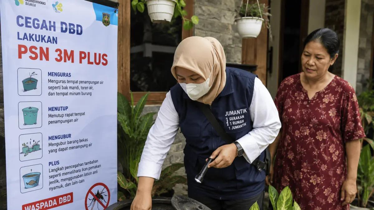 Petugas Jumantik memeriksa tempat penampungan air warga dalam kegiatan PSN 3M Plus untuk mencegah penyebaran DBD di Kabupaten Blitar. (AI)