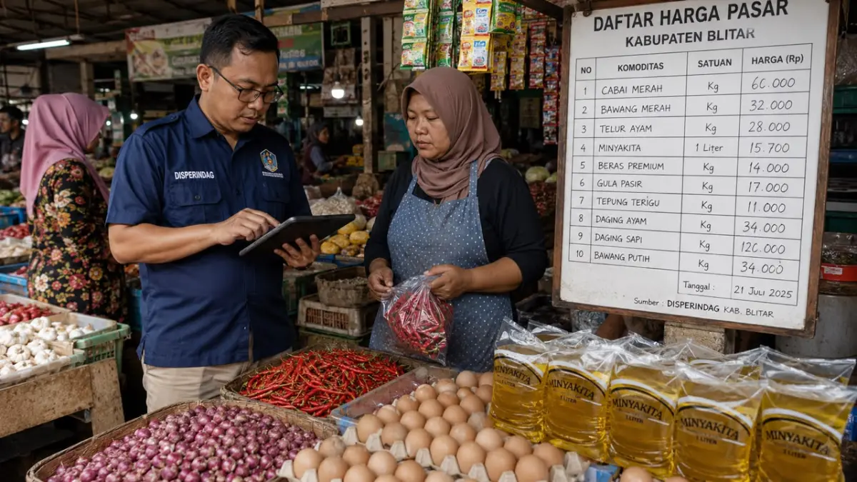Ilustrasi : Petugas Disperindag Kabupaten Blitar melakukan pemantauan dan pembaruan harga bahan pokok di pasar tradisional melalui sistem Siska Perbapo untuk menjaga stabilitas harga.