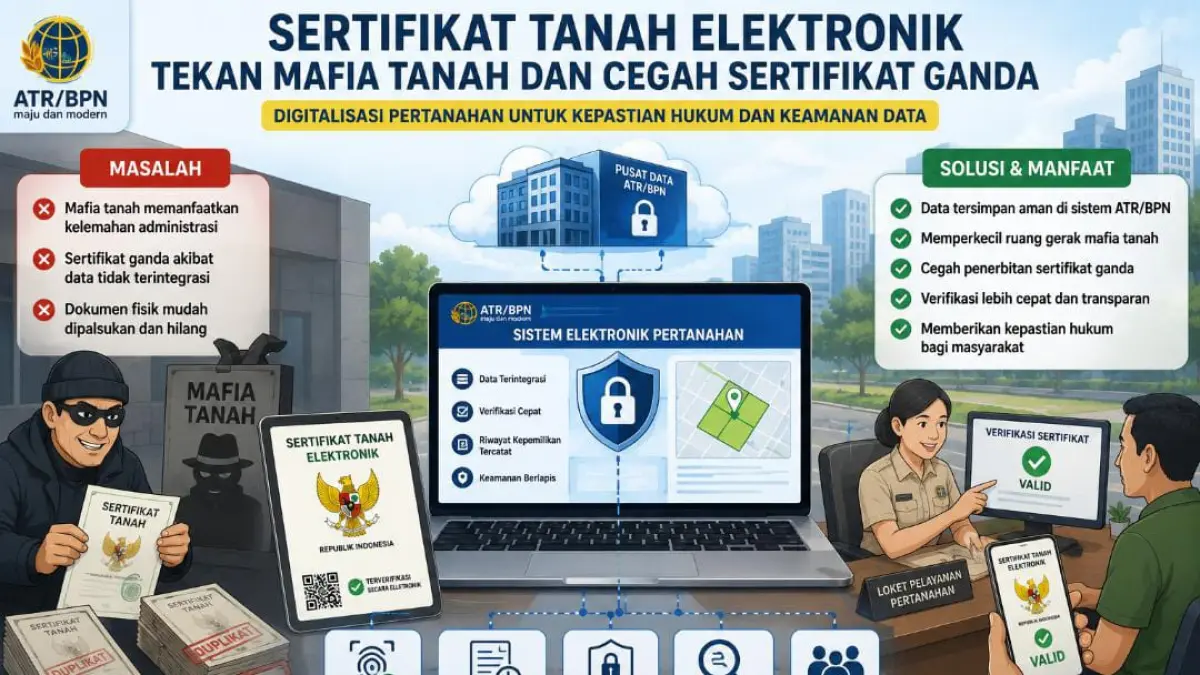 Ilustrasi penerapan sertifikat tanah elektronik sebagai bagian dari digitalisasi layanan pertanahan oleh ATR/BPN. Sistem ini diharapkan memperkuat kepastian hukum, menekan praktik mafia tanah, serta mencegah terjadinya sertifikat ganda melalui basis data yang terintegrasi.