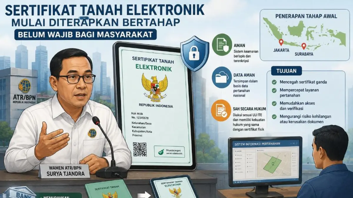 Ilustrasi sertifikat tanah elektronik yang mulai diterapkan secara bertahap oleh Kementerian ATR/BPN. Sistem digital ini diharapkan meningkatkan kepastian hukum, memperkuat keamanan data pertanahan, serta meminimalkan praktik sertifikat ganda dan mafia tanah.
