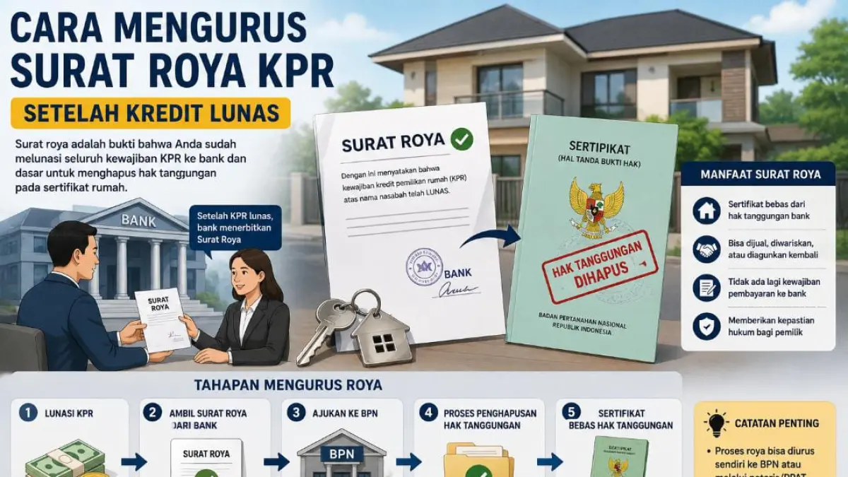 Ilustrasi proses pengurusan surat roya setelah Kredit Pemilikan Rumah (KPR) lunas. Surat roya menjadi dokumen penting untuk menghapus hak tanggungan pada sertifikat di BPN, sehingga properti kembali berstatus bersih dan dapat dijual, diwariskan, atau dijadikan agunan sesuai ketentuan yang berlaku.
