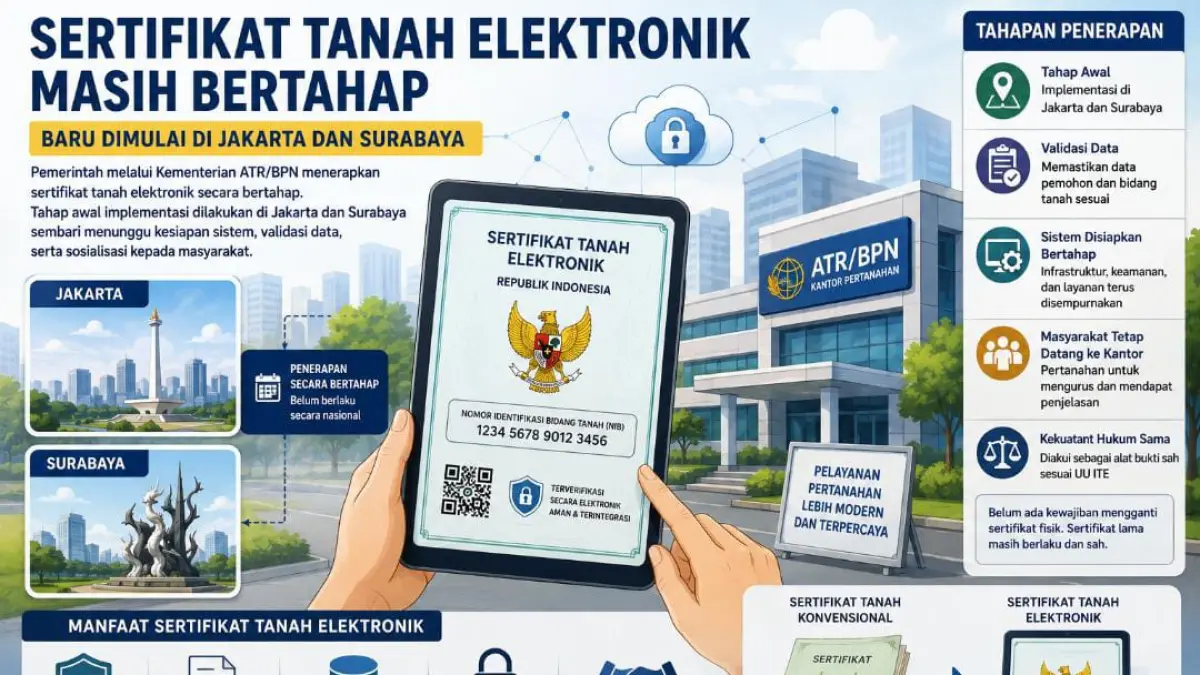Ilustrasi penerapan sertifikat tanah elektronik yang masih dilakukan secara bertahap oleh Kementerian ATR/BPN. Saat ini implementasi difokuskan di Jakarta dan Surabaya sebagai tahap awal sebelum diperluas ke daerah lain, seiring penyempurnaan sistem dan validasi data pertanahan.