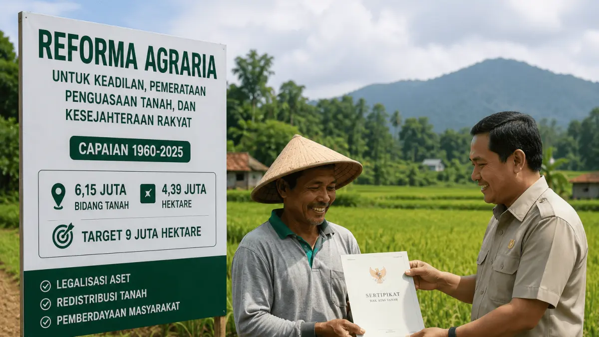  pelaksanaan reforma agraria tercatat mencapai sekitar 6,15 juta bidang tanah dengan luas 4,39 juta hektare. Program ini mencakup legalisasi aset, redistribusi tanah, dan pemberdayaan masyarakat untuk mewujudkan pemerataan penguasaan lahan. (Foto: Ilustrasi AI)