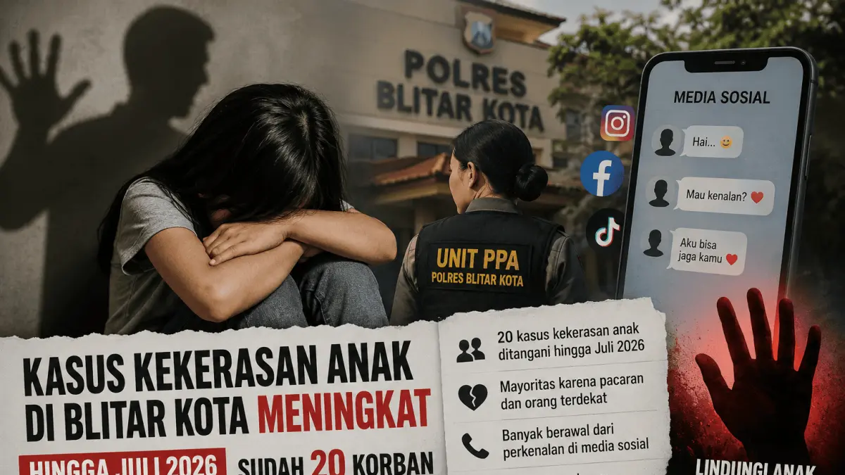 Ilustrasi : kasus kekerasan terhadap anak di Blitar Kota. Hingga Juli 2026, polisi mencatat sekitar 20 kasus, mayoritas berawal dari pacaran dan media sosial.
