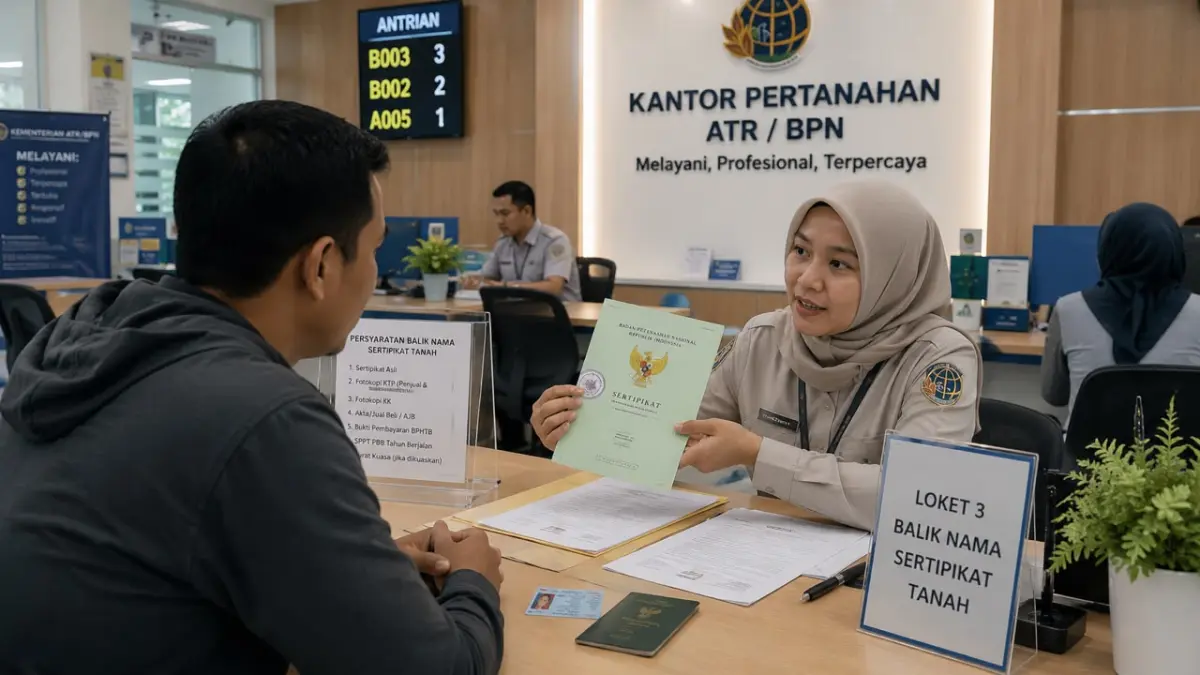Ilustrasi Petugas memberikan penjelasan kepada warga mengenai pentingnya proses balik nama sertifikat tanah setelah terjadi peralihan hak kepemilikan agar tercatat sah secara administrasi pertanahan.