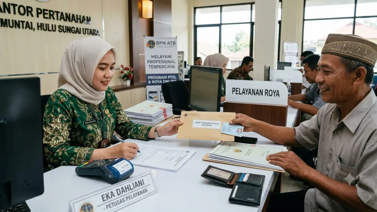 LAYANAN ROYA: Warga menyerahkan dokumen pengantar dari bank kepada petugas di Kantor Pertanahan untuk pengurusan penghapusan hak tanggungan (roya) sertifikat tanah. (Foto: Ilustrasi/AI)