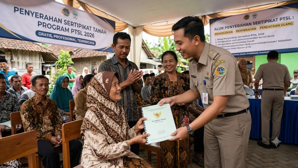Momen penyerahan sertipikat tanah gratis program PTSL Kementerian ATR/BPN. (Foto Ilustrasi AI)