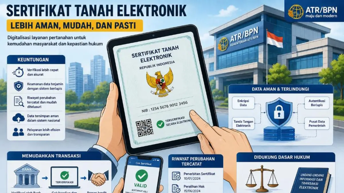 Ilustrasi pemanfaatan sertifikat tanah elektronik dalam layanan pertanahan digital. Sistem yang dikembangkan ATR/BPN ini diharapkan mempermudah proses verifikasi kepemilikan, mempercepat transaksi pertanahan, serta meningkatkan keamanan data melalui penyimpanan berbasis sistem elektronik.