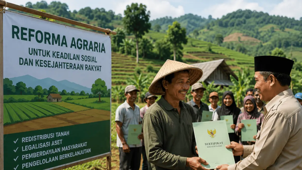 Reforma agraria menjadi program strategis nasional yang bertujuan menciptakan pemerataan penguasaan tanah melalui legalisasi aset, redistribusi lahan, dan pemberdayaan masyarakat guna mendukung keadilan sosial serta kesejahteraan yang berkelanjutan. (Foto: Ilustrasi AI)