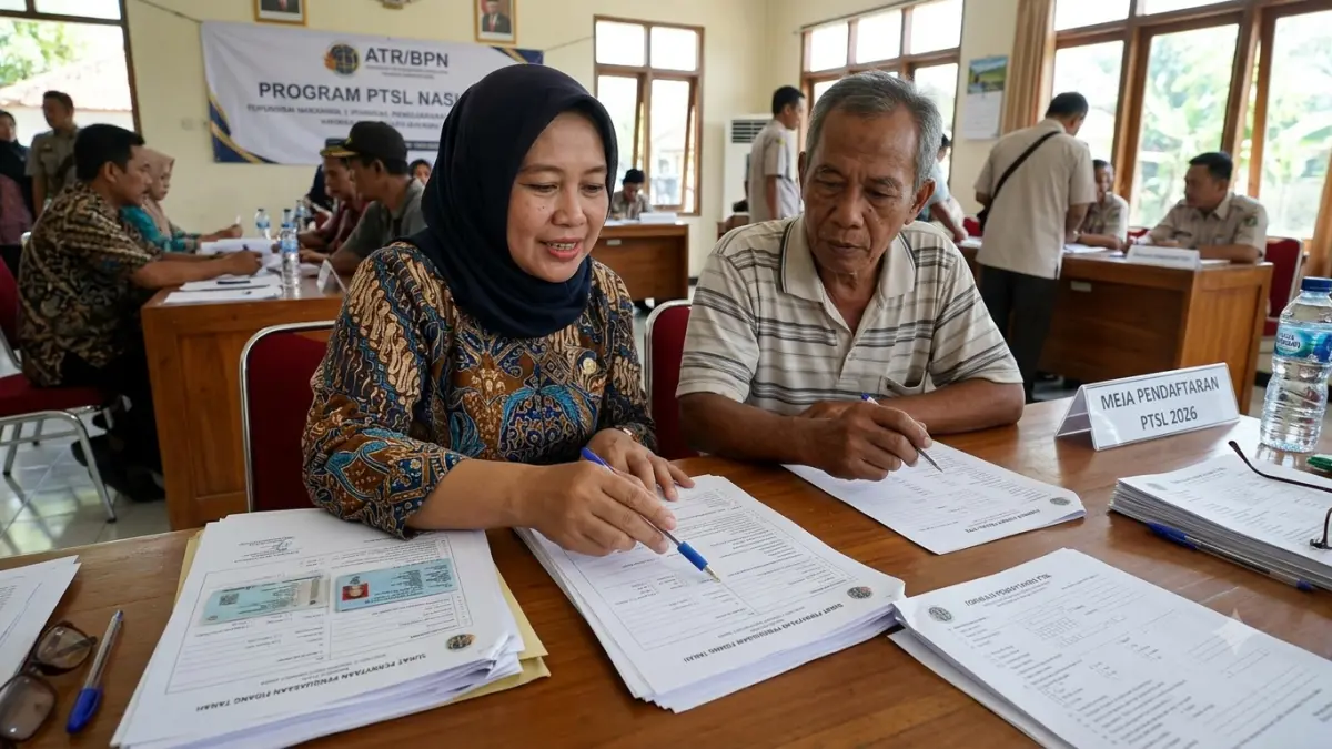 PANDUAN PTSL: Petugas Kantor Pertanahan mendampingi warga mengisi berkas permohonan sertifikat tanah PTSL di balai desa. (Foto: Ilustrasi/AI)