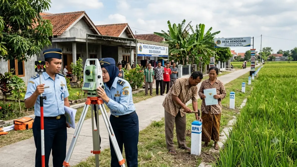 PENGUKURAN PTSL: Petugas BPN dan warga melakukan pengukuran batas tanah untuk sertifikasi PTSL. (Foto: Ilustrasi/AI)