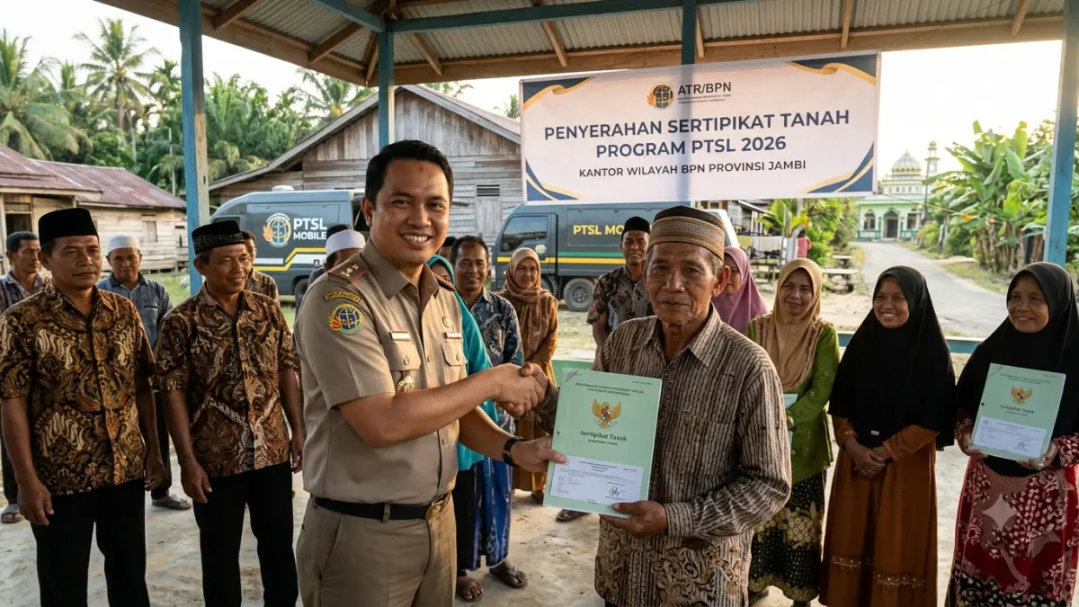 Petugas Kanwil BPN Provinsi Jambi menyerahkan sertipikat tanah program PTSL 2026 kepada warga. (Ilustrasi: AI)