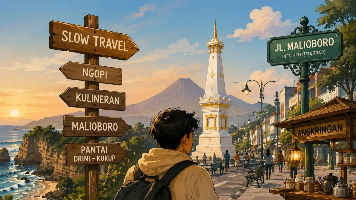Seorang wisatawan menikmati suasana Yogyakarta dengan konsep slow travel. Tren liburan santai ini semakin diminati anak muda yang memilih menikmati suasana, kuliner, hingga keindahan pantai tanpa terburu-buru berpindah destinasi. Ilustrasi.