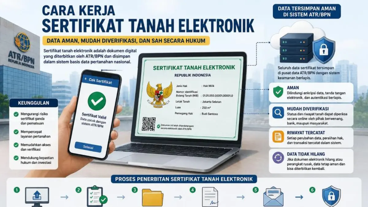 Ilustrasi sertifikat tanah elektronik yang tersimpan dalam sistem digital ATR/BPN. Melalui digitalisasi layanan pertanahan, pemerintah menargetkan proses verifikasi kepemilikan menjadi lebih cepat, aman, dan mampu mengurangi risiko pemalsuan maupun sertifikat ganda.