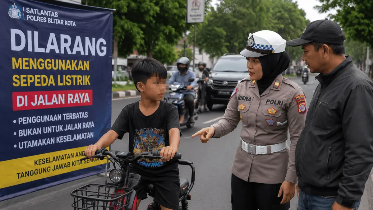 Polisi mengimbau orang tua melarang anak mengendarai sepeda listrik di jalan raya demi keselamatan dan mencegah risiko kecelakaan. (Foto AI)