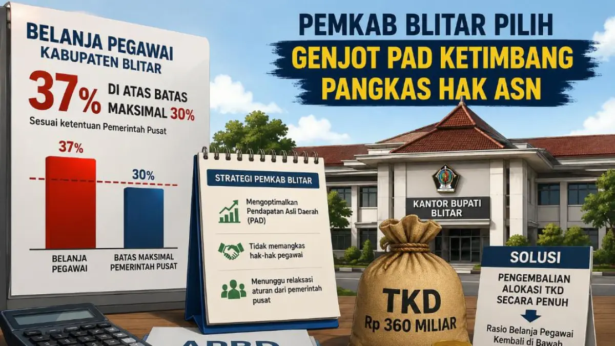 Belanja pegawai Kabupaten Blitar mencapai 37 persen atau melampaui batas maksimal 30 persen yang ditetapkan pemerintah pusat. Pemkab Blitar memilih mengoptimalkan pendapatan asli daerah (PAD) dan menunggu kebijakan relaksasi dari pemerintah pusat daripada memangkas hak-hak pegawai.