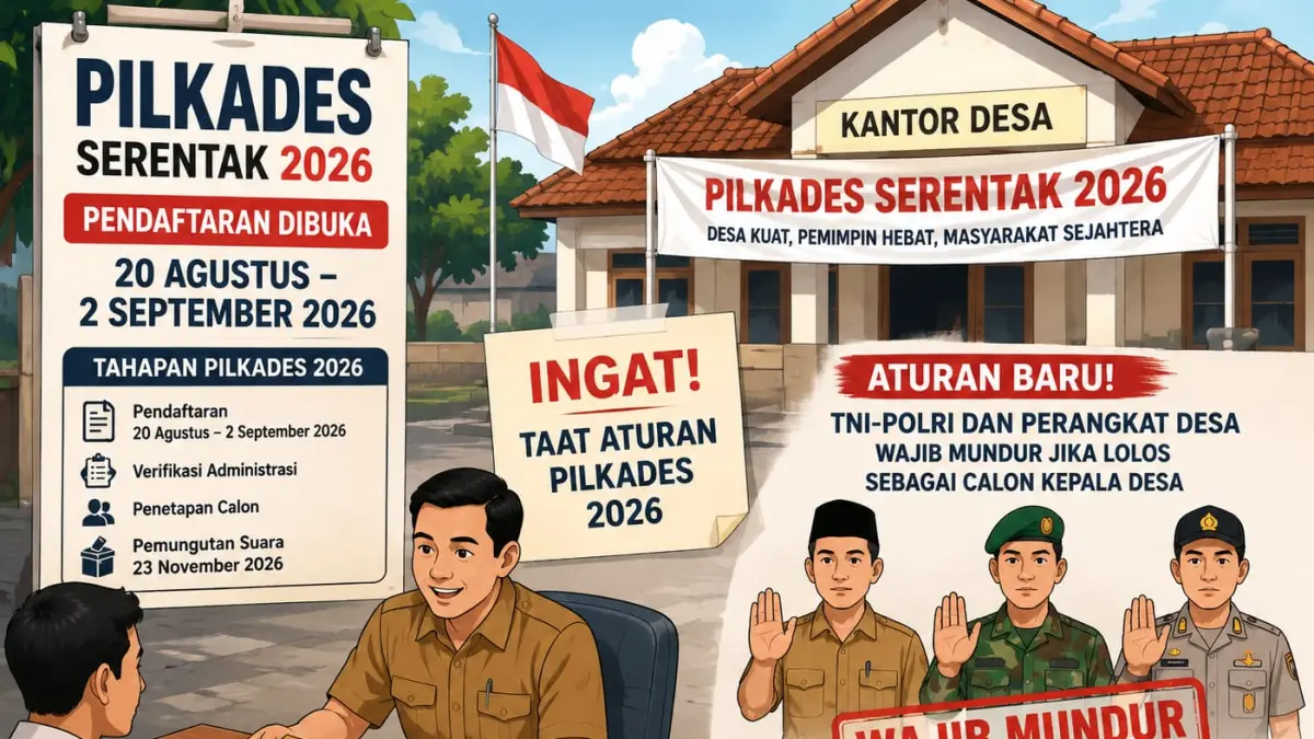 Petugas melayani pendaftaran bakal calon kepala desa pada tahapan Pilkades Serentak 2026. DPMD Kabupaten Blitar membuka pendaftaran mulai 20 Agustus hingga 2 September, dengan aturan baru yang mewajibkan perangkat desa serta anggota TNI-Polri mengundurkan diri atau pensiun dari jabatan aktif apabila ditetapkan sebagai calon kepala desa