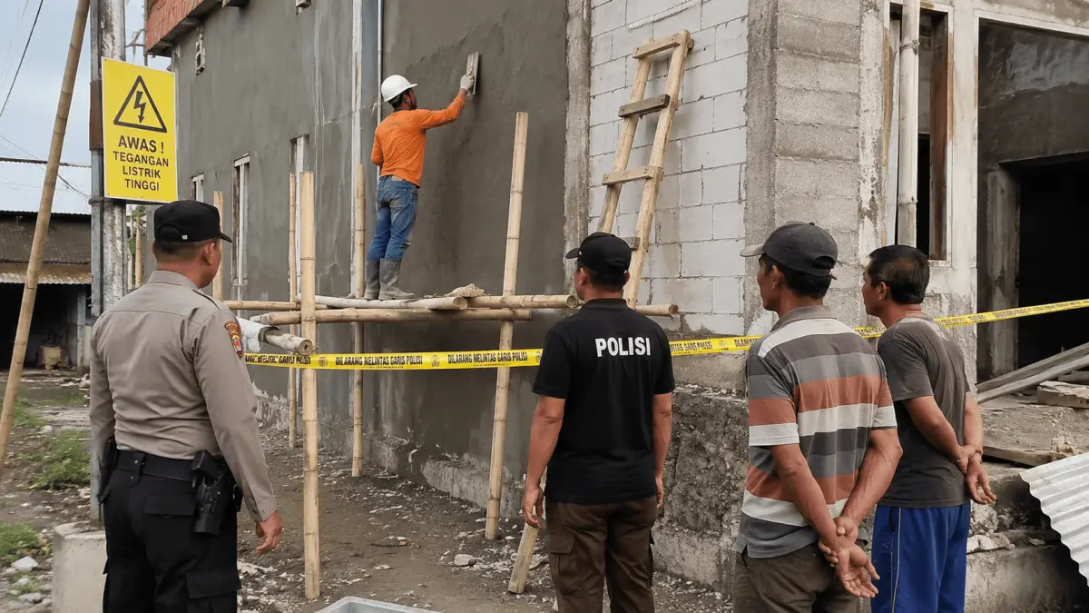 ILUSTRASI: Seorang pekerja bangunan memplester tembok di lokasi proyek. Polisi masih menyelidiki dugaan kecelakaan kerja akibat sengatan listrik.