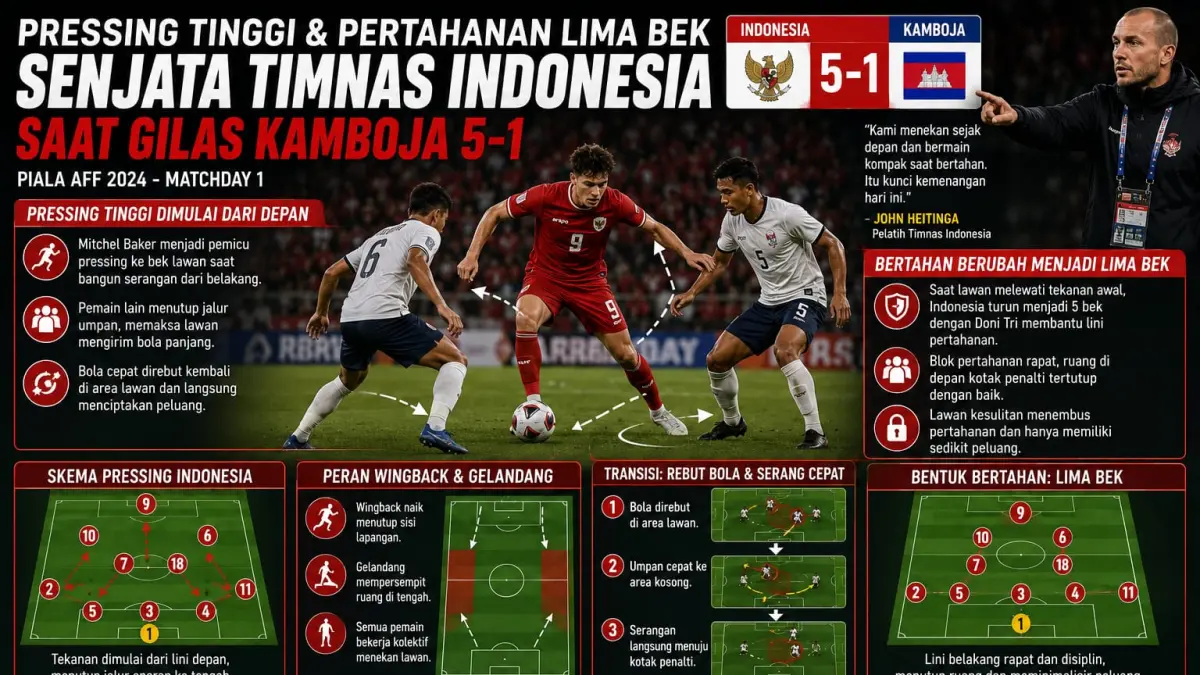 Pressing tinggi dan organisasi pertahanan yang disiplin menjadi fondasi kemenangan telak Timnas Indonesia 5-1 atas Kamboja di laga pembuka Piala AFF. Fleksibilitas perubahan formasi menjadi lima bek membuat Garuda mampu meredam serangan lawan sekaligus mendominasi jalannya pertandingan.