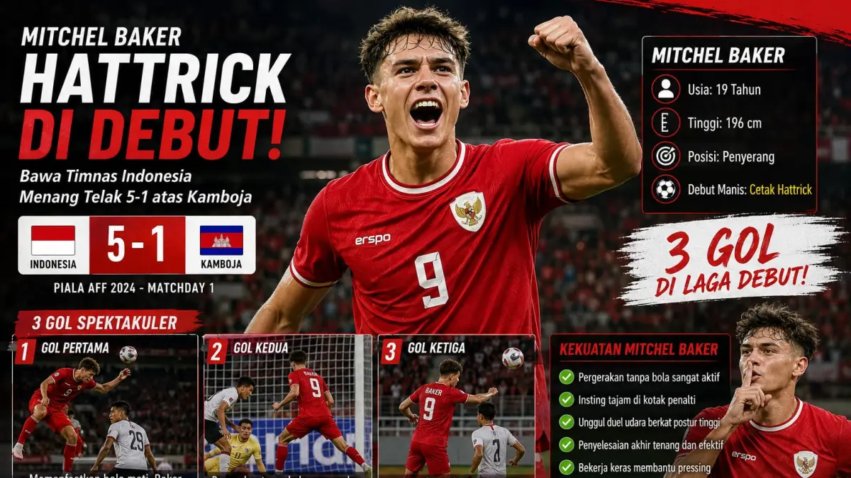 Mitchel Baker mencuri perhatian pada laga debutnya bersama Timnas Indonesia usai mencetak hattrick saat Garuda menang telak 5-1 atas Kamboja di laga pembuka Piala AFF. Penyerang berusia 19 tahun itu tampil tajam lewat pergerakan tanpa bola, duel udara, dan penyelesaian akhir yang efektif.