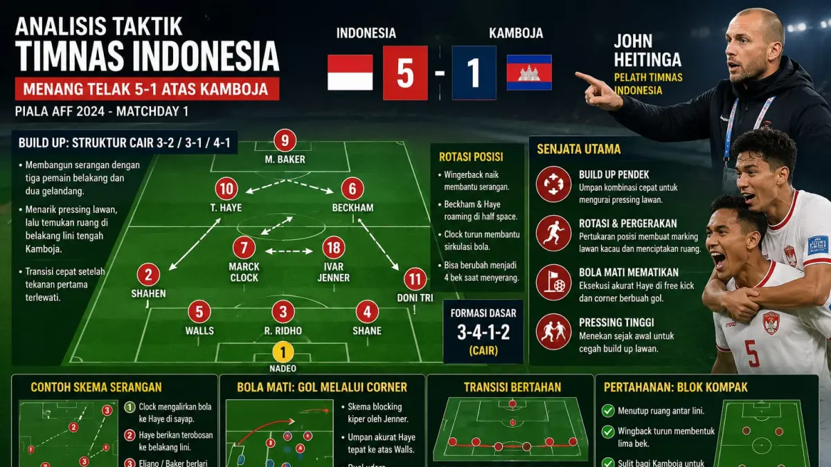 Analisis taktik Timnas Indonesia usai menang telak 5-1 atas Kamboja di laga pembuka Piala AFF. Formasi fleksibel, rotasi posisi, dan build up yang rapi menjadi kunci dominasi skuad Garuda sepanjang pertandingan.
