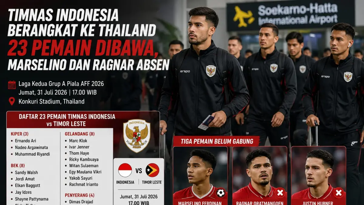 Timnas Indonesia bertolak ke Thailand dengan membawa 23 pemain untuk menghadapi Timor Leste pada laga kedua Grup A Piala AFF 2026. Marselino Ferdinan dan Ragnar Oratmangoen tidak masuk dalam rombongan, sementara Justin Hubner juga belum bergabung dengan skuad Garuda.