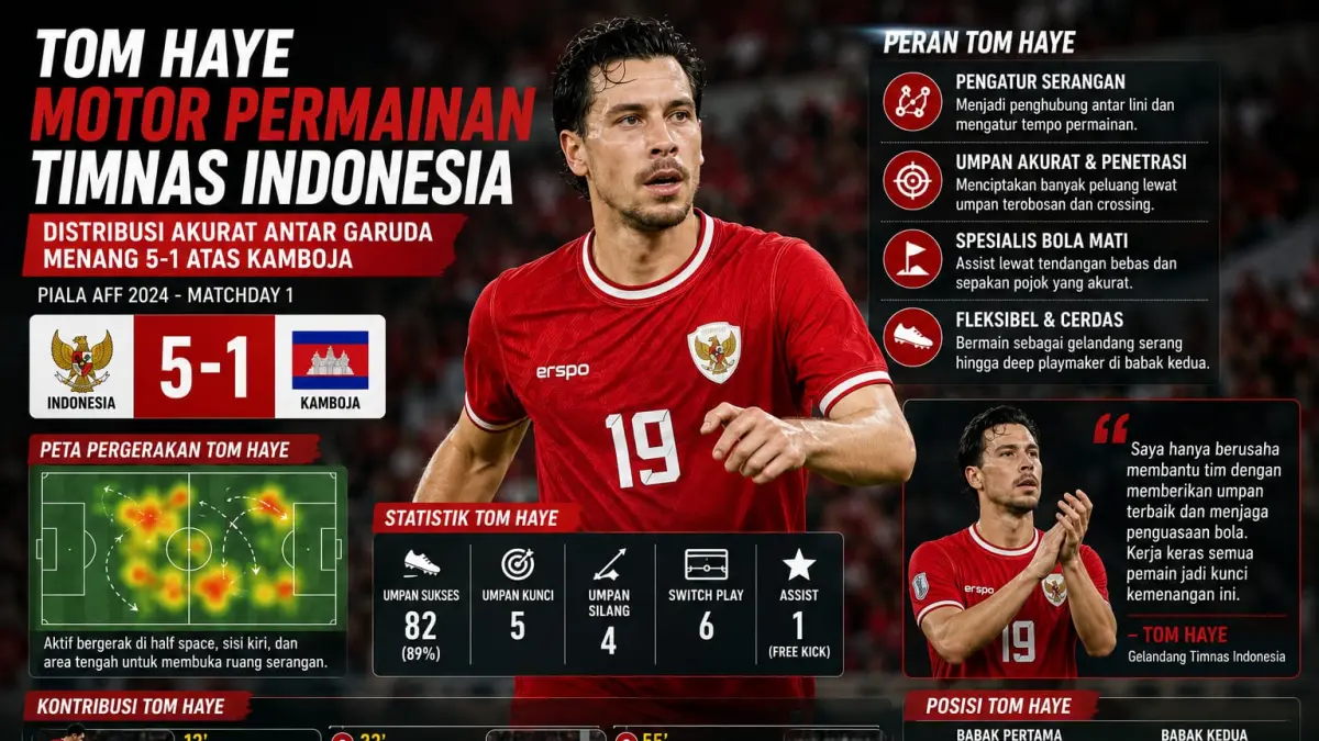 Tom Haye menjadi motor permainan Timnas Indonesia saat mengalahkan Kamboja 5-1 di laga pembuka Piala AFF. Akurasi umpan, distribusi bola, dan kontribusinya dalam situasi bola mati menjadi kunci dominasi Garuda sepanjang pertandingan.