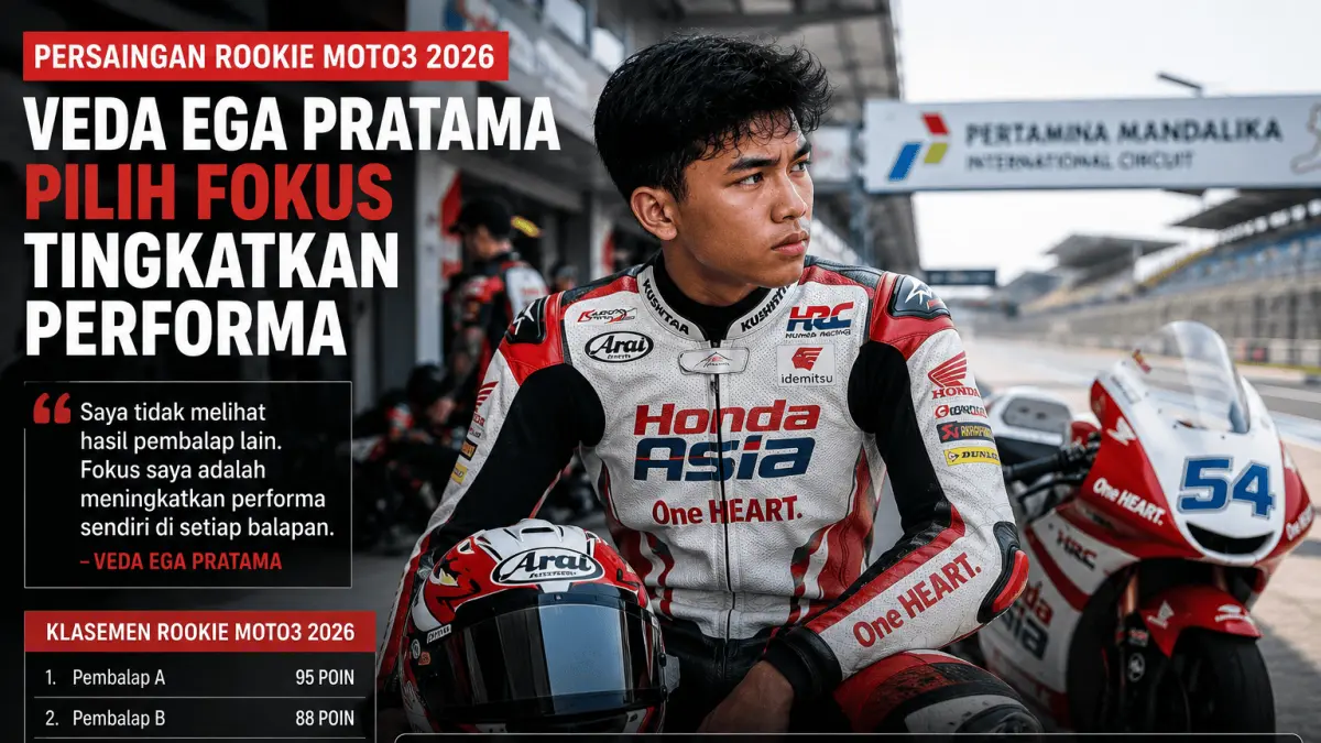 Veda Ega Pratama memilih fokus meningkatkan performa demi menjaga peluang bersaing dalam perebutan gelar Rookie of the Year Moto3 2026.