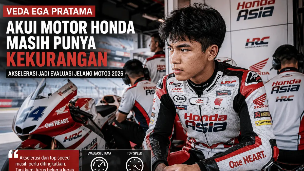 Veda Ega Pratama mengevaluasi performa motor Honda Team Asia, dengan akselerasi dan top speed menjadi fokus pengembangan pada Moto3 2026.