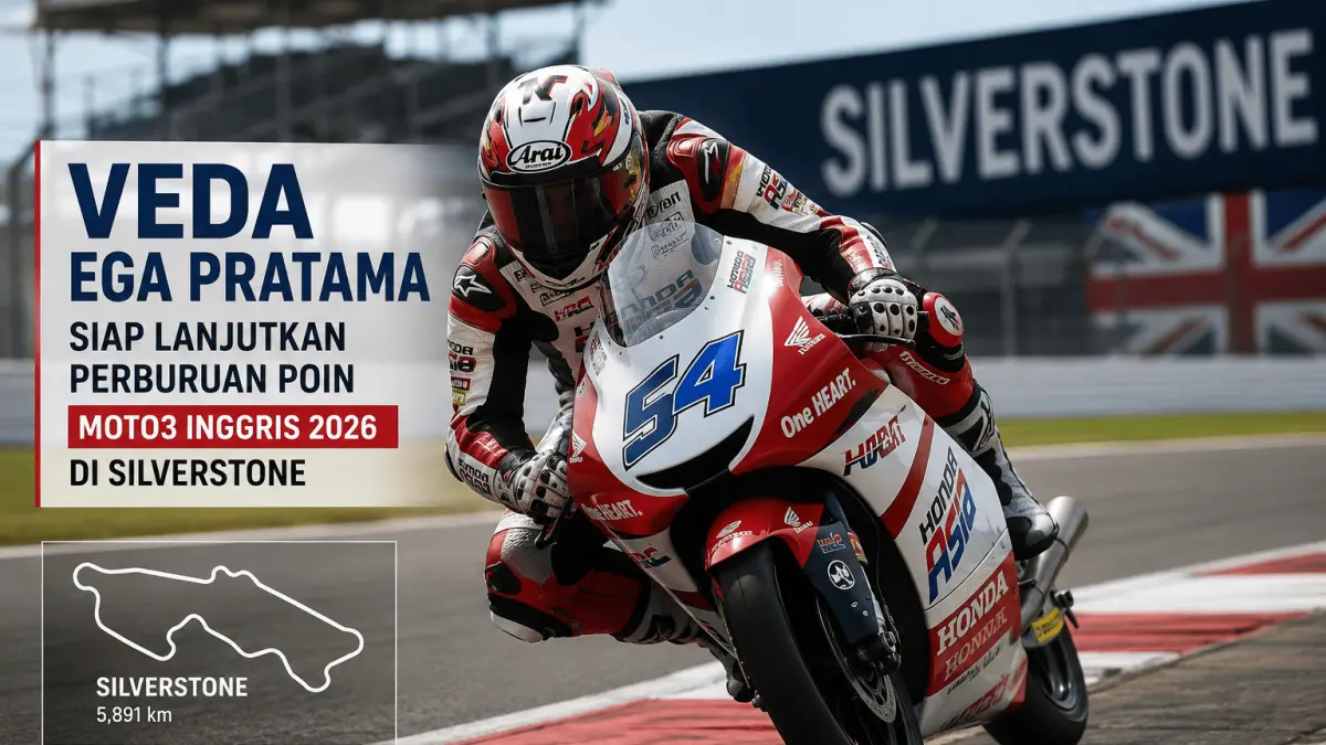 Veda Ega Pratama menjalani persiapan intensif jelang Moto3 Inggris 2026 dengan berlatih di Sirkuit Mandalika demi menjaga performa dan memburu tambahan poin di Silverstone.